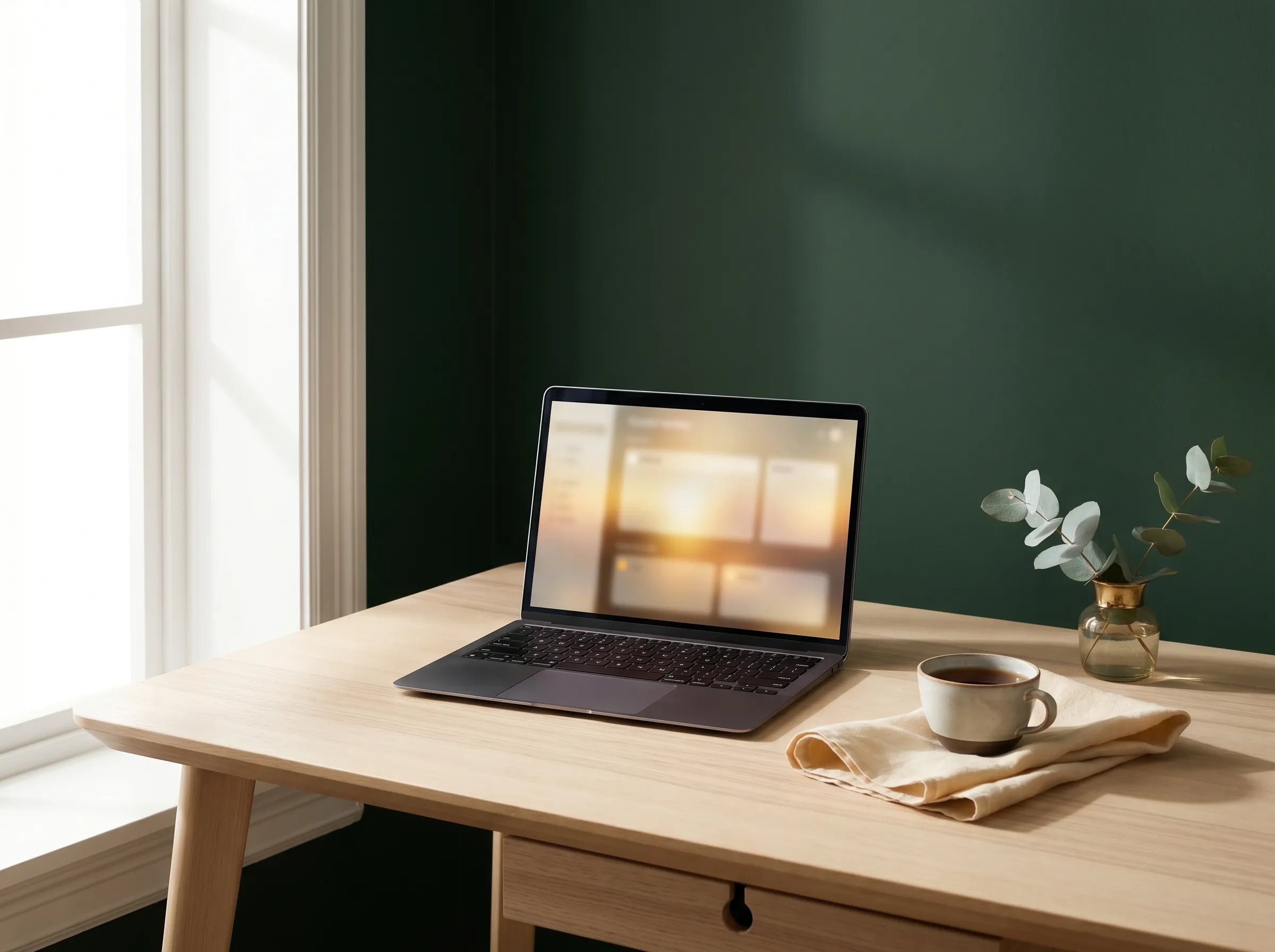An open laptop, a ceramic mug and a small vase of greenery on a timber desk in soft light.