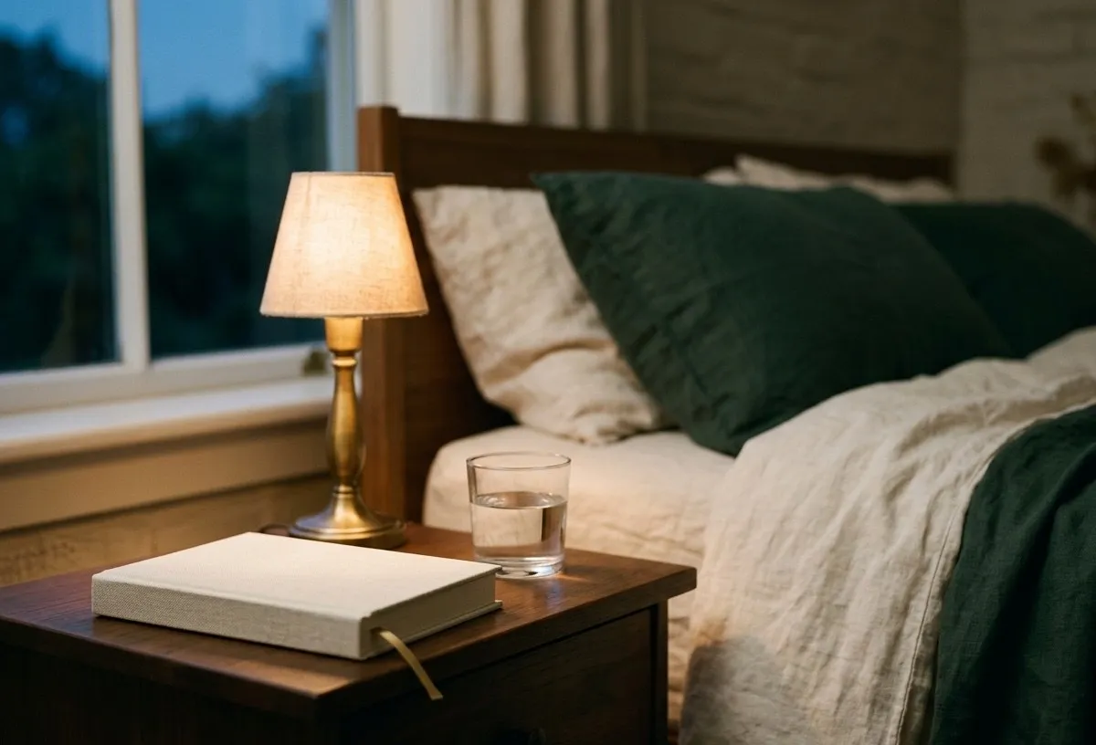 A closed cream notebook and a glass of water on a dark timber bedside table, lit by a brass lamp with a linen shade, beside a bed made with cream and forest-green linen and a window at dusk
