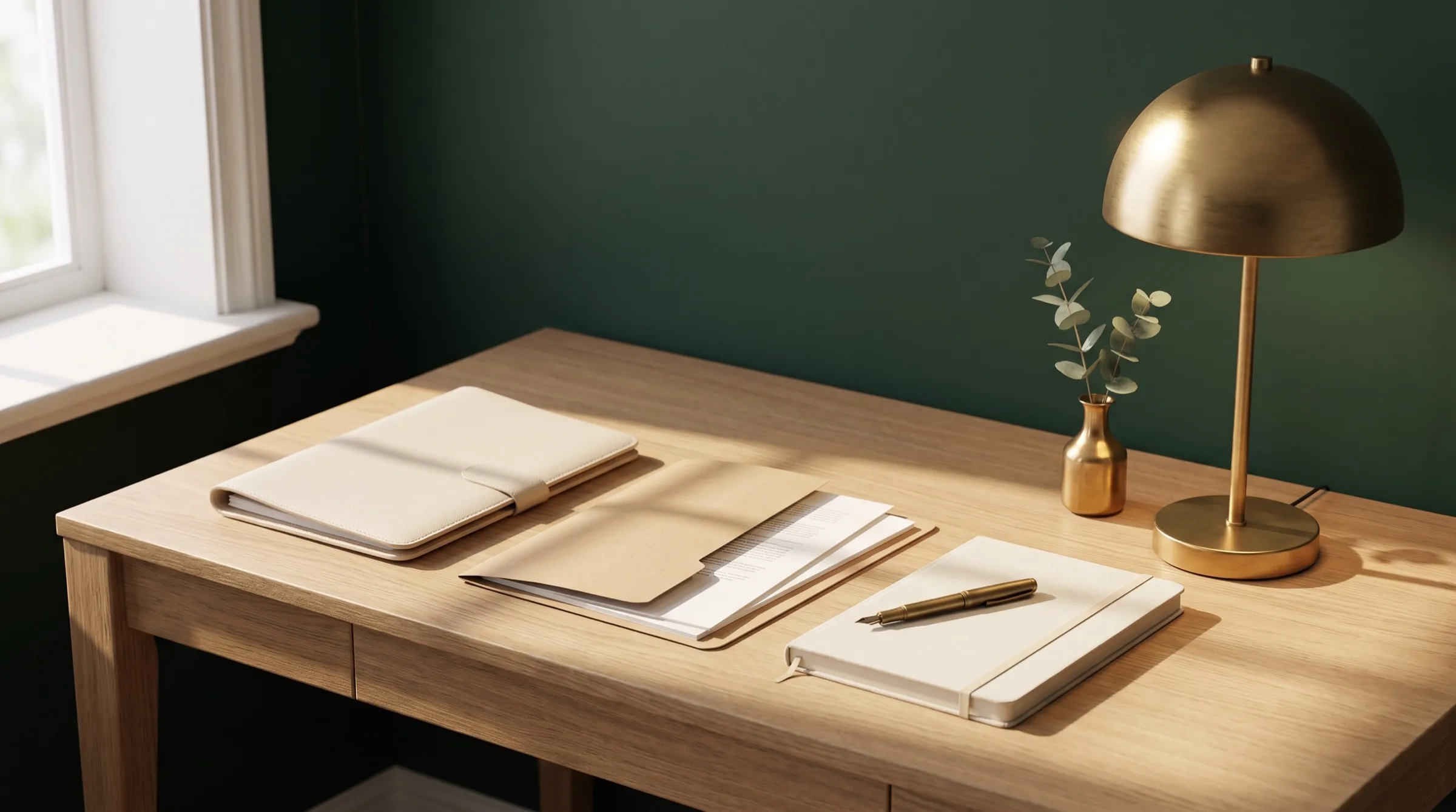 A light oak desk against a deep green wall holds a cream folio, an open document folder of papers, a brass fountain pen on an ivory notebook, and a brass lamp beside eucalyptus in a small vase