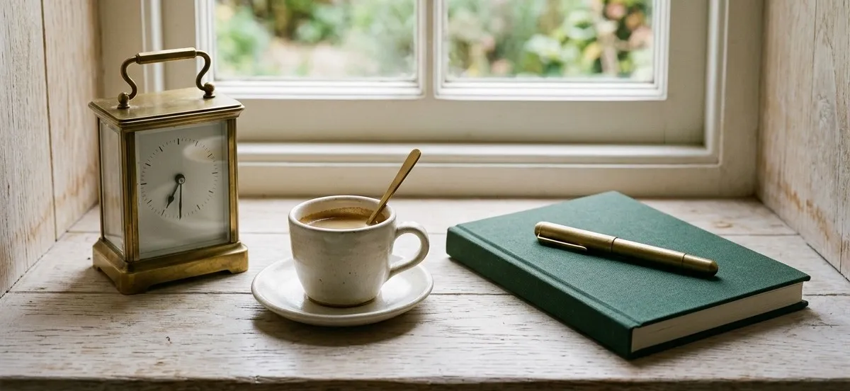 A brass carriage clock, a small cup of coffee on a saucer and a green cloth notebook with a brass pen, arranged on a painted timber windowsill with a garden visible through the window