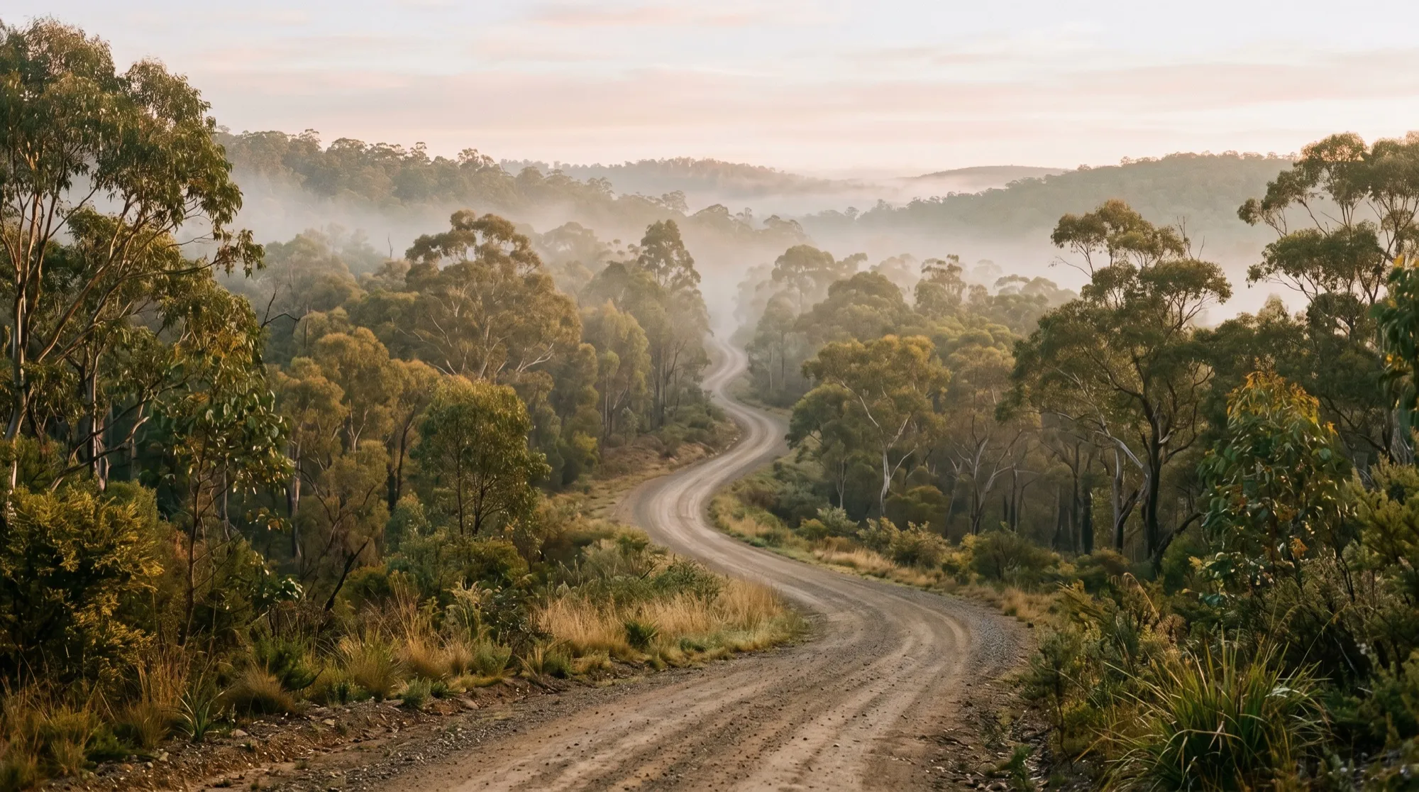A gravel road winding through eucalypt bushland into low hills, with mist lying in the valleys under a pale pink morning sky