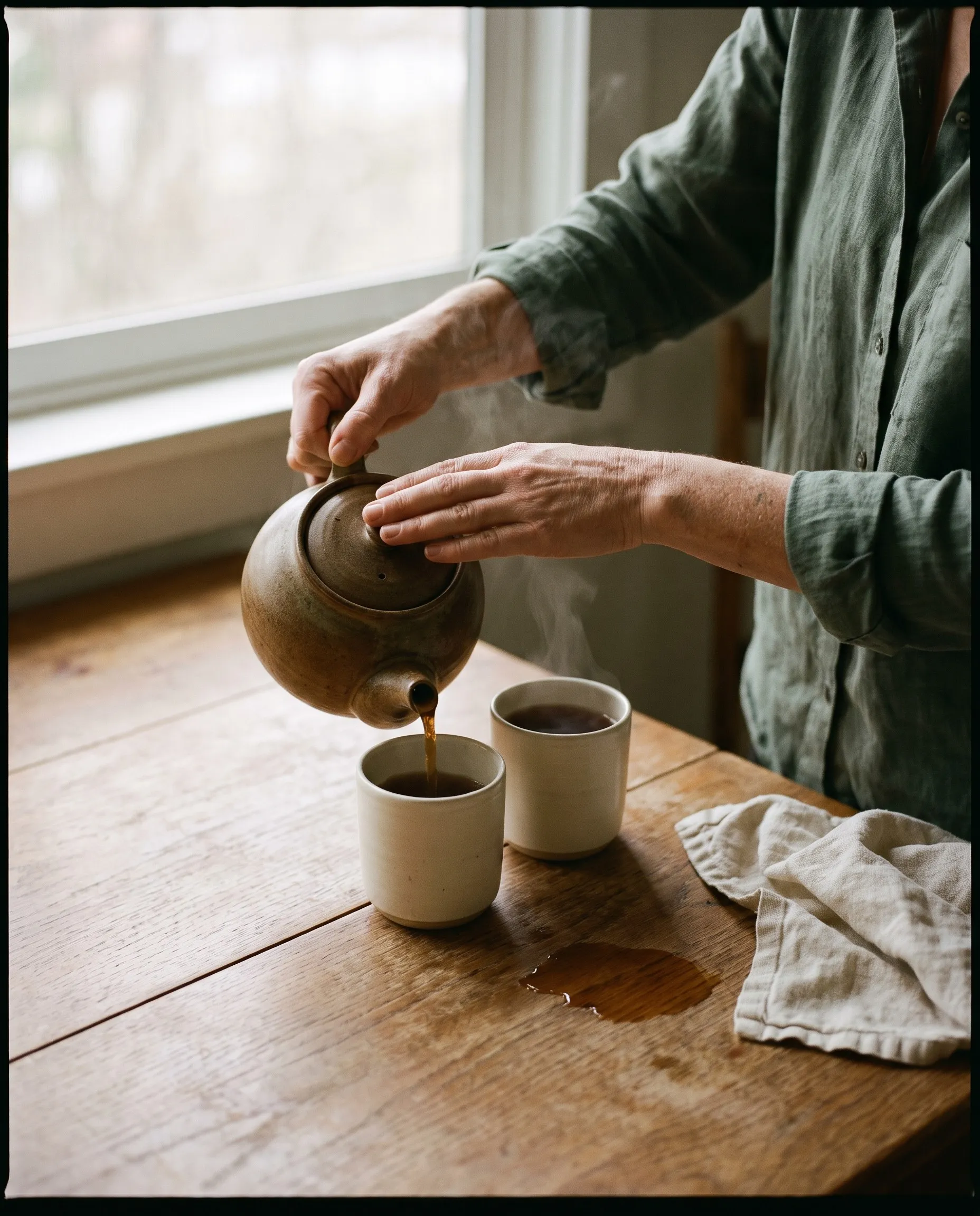 A person in a sage linen shirt pours tea from a brown stoneware teapot into two cream cups on a wooden table by a window, with a linen cloth beside them