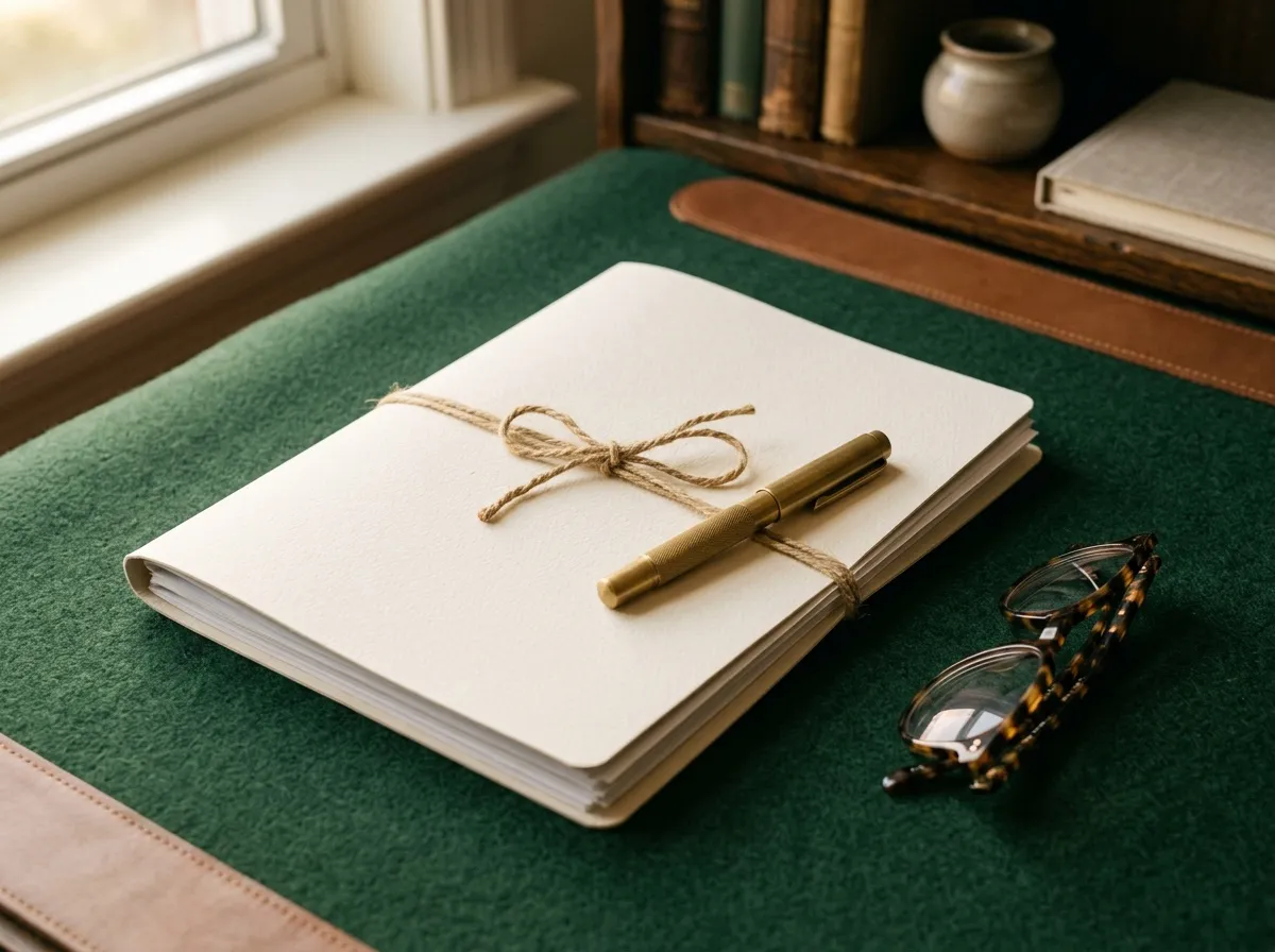 A document bound with twine, a brass pen and reading glasses on a green desk mat.