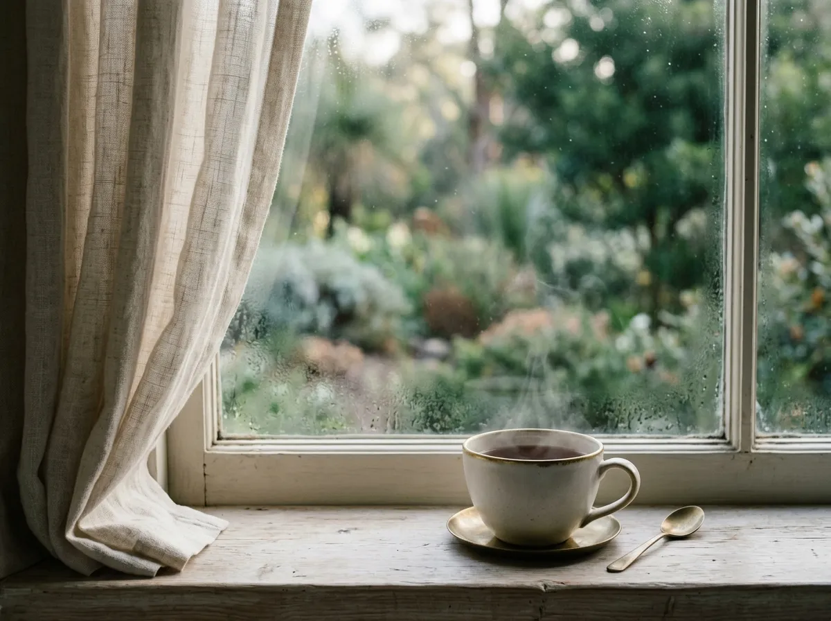 A cup of tea on a windowsill in dawn light