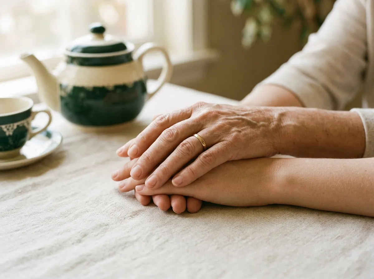 Two people hold hands across a linen tablecloth.