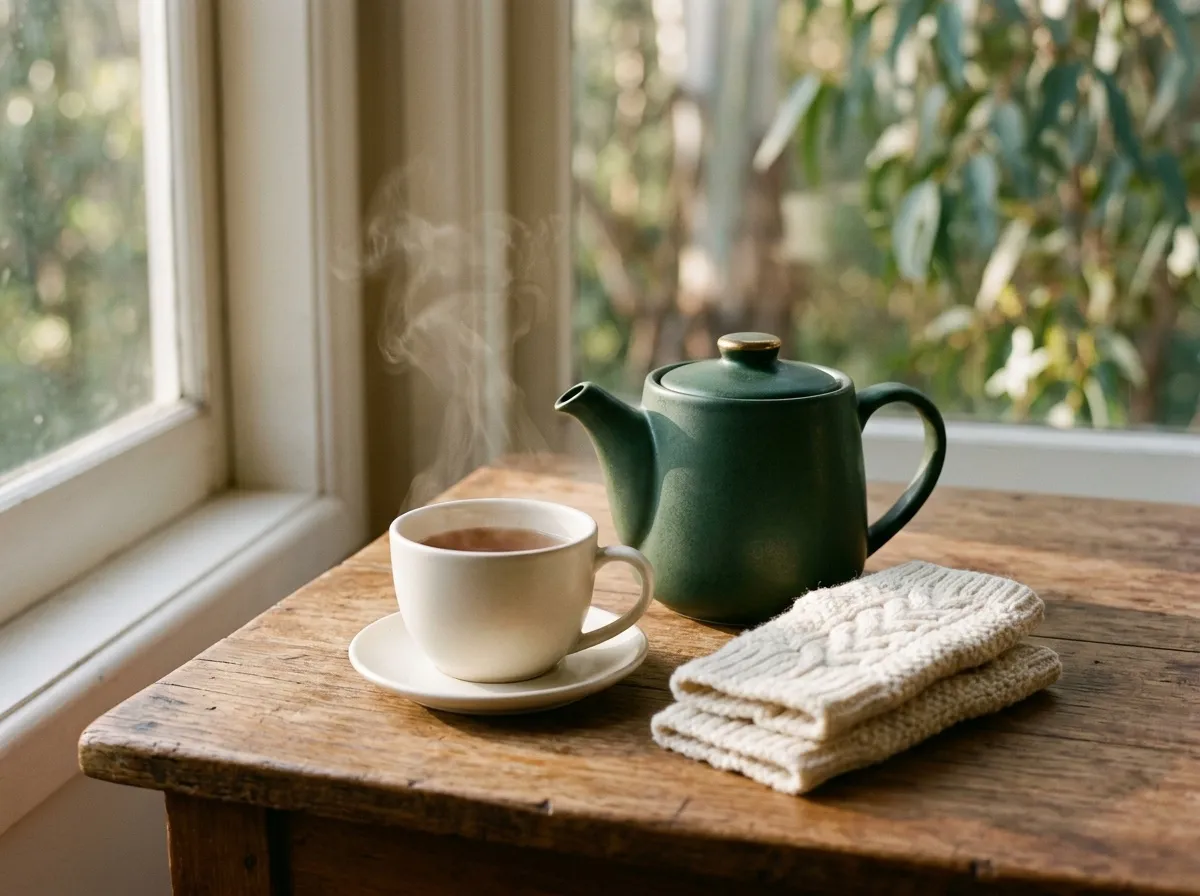 A green teapot and cream cup sit beside a pair of wrist warmers.