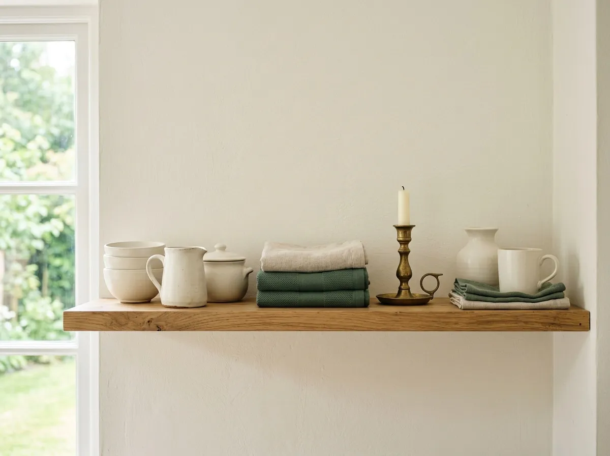Ceramic pieces and folded textiles sit in neat order on a shelf.