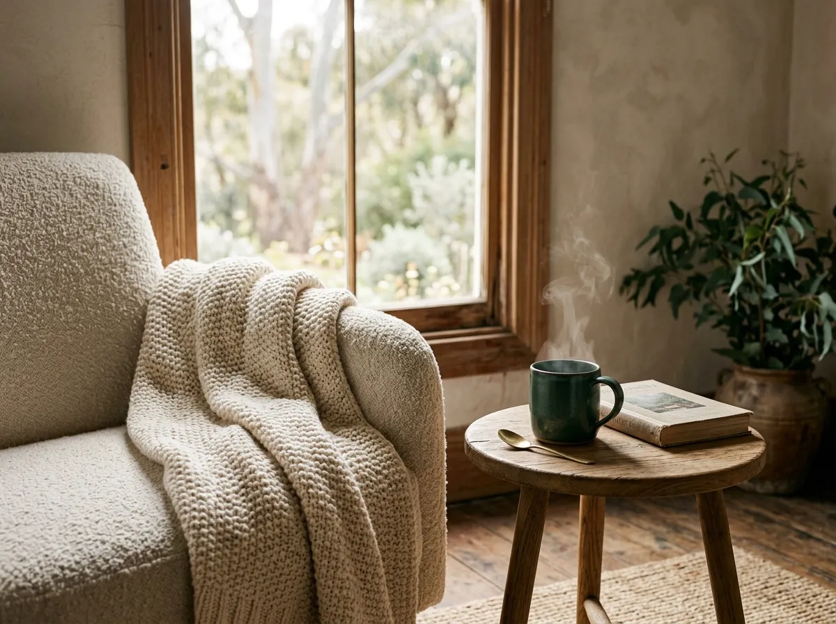 A knitted blanket over an armchair beside a steaming cup of tea