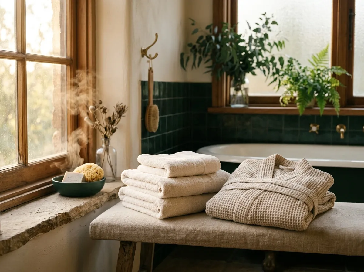 Folded warm towels and a soft robe in gentle window light