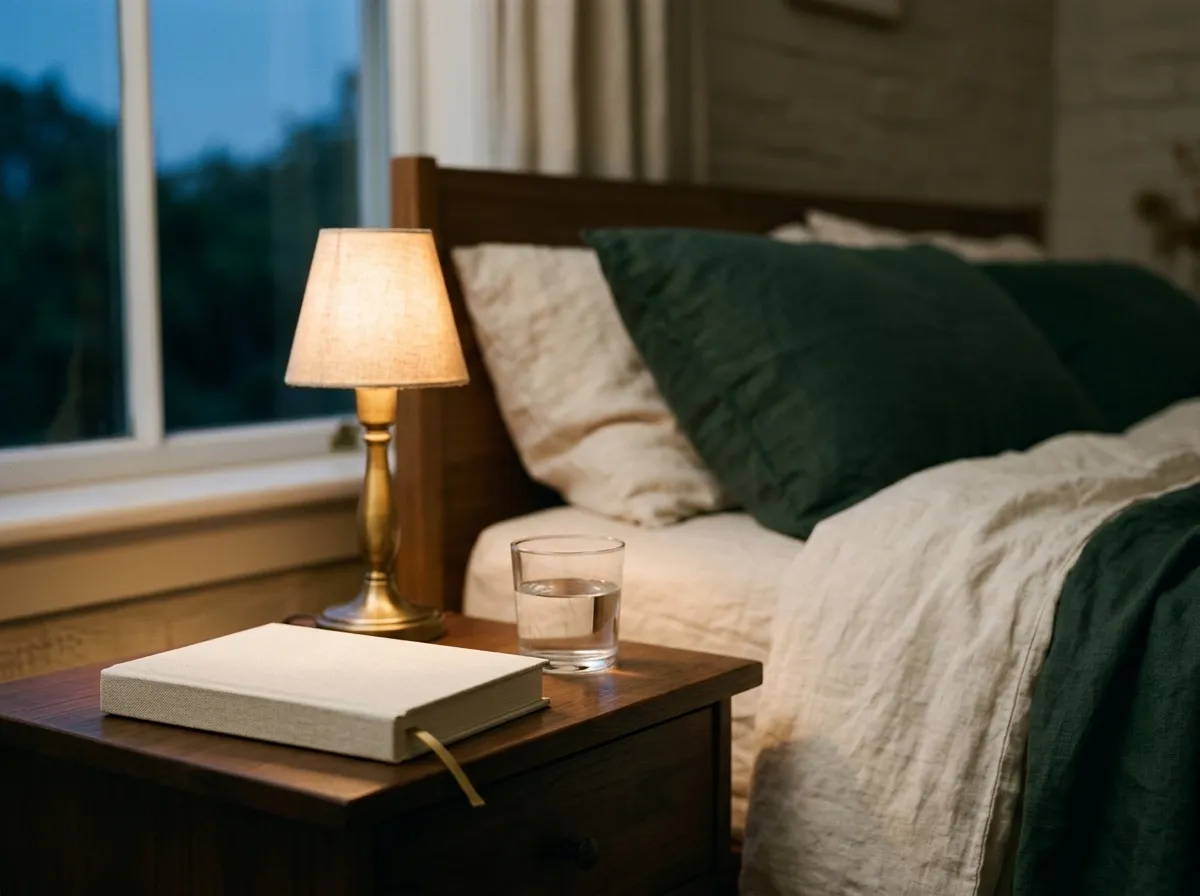 A bedside lamp glowing softly at dusk beside a closed book