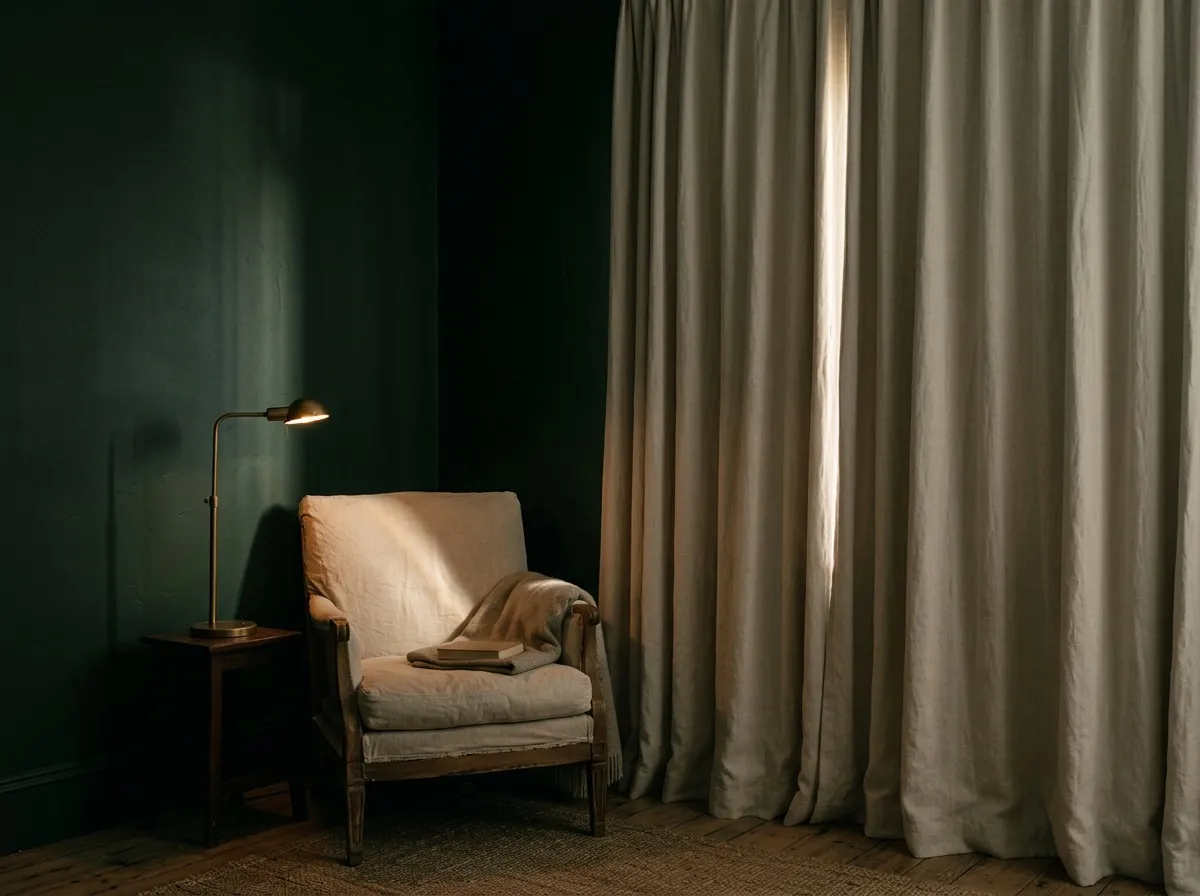 A dim, serene room with a soft sliver of light across an armchair