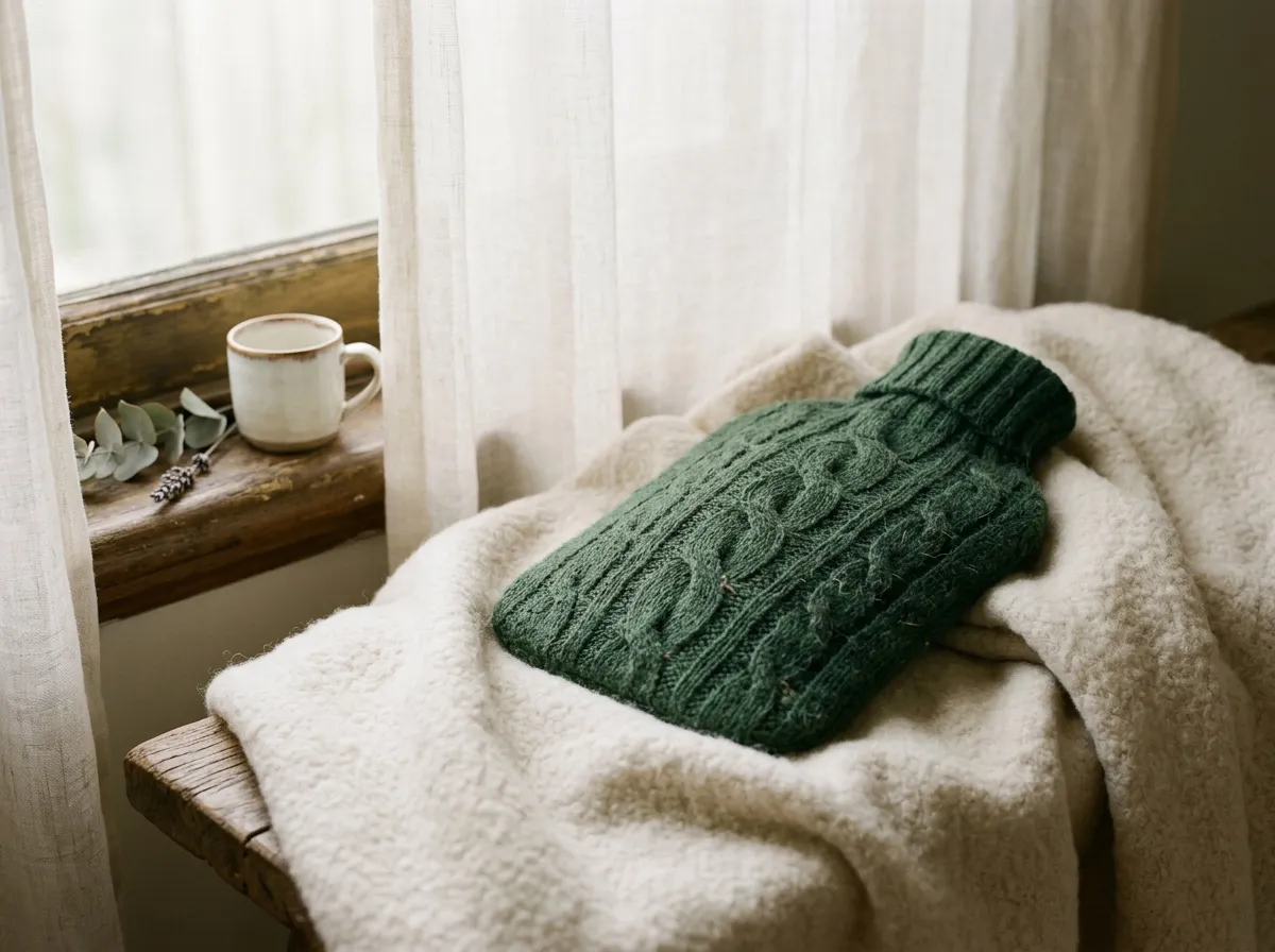 A hot water bottle in a knitted green cover on a cream blanket