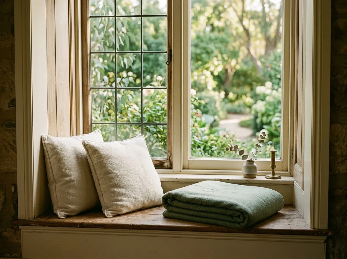 Golden light falls across a quiet window seat.