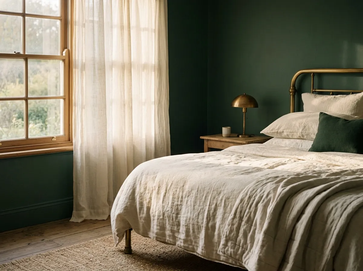 Soft dawn light falls across a neatly made linen bed.