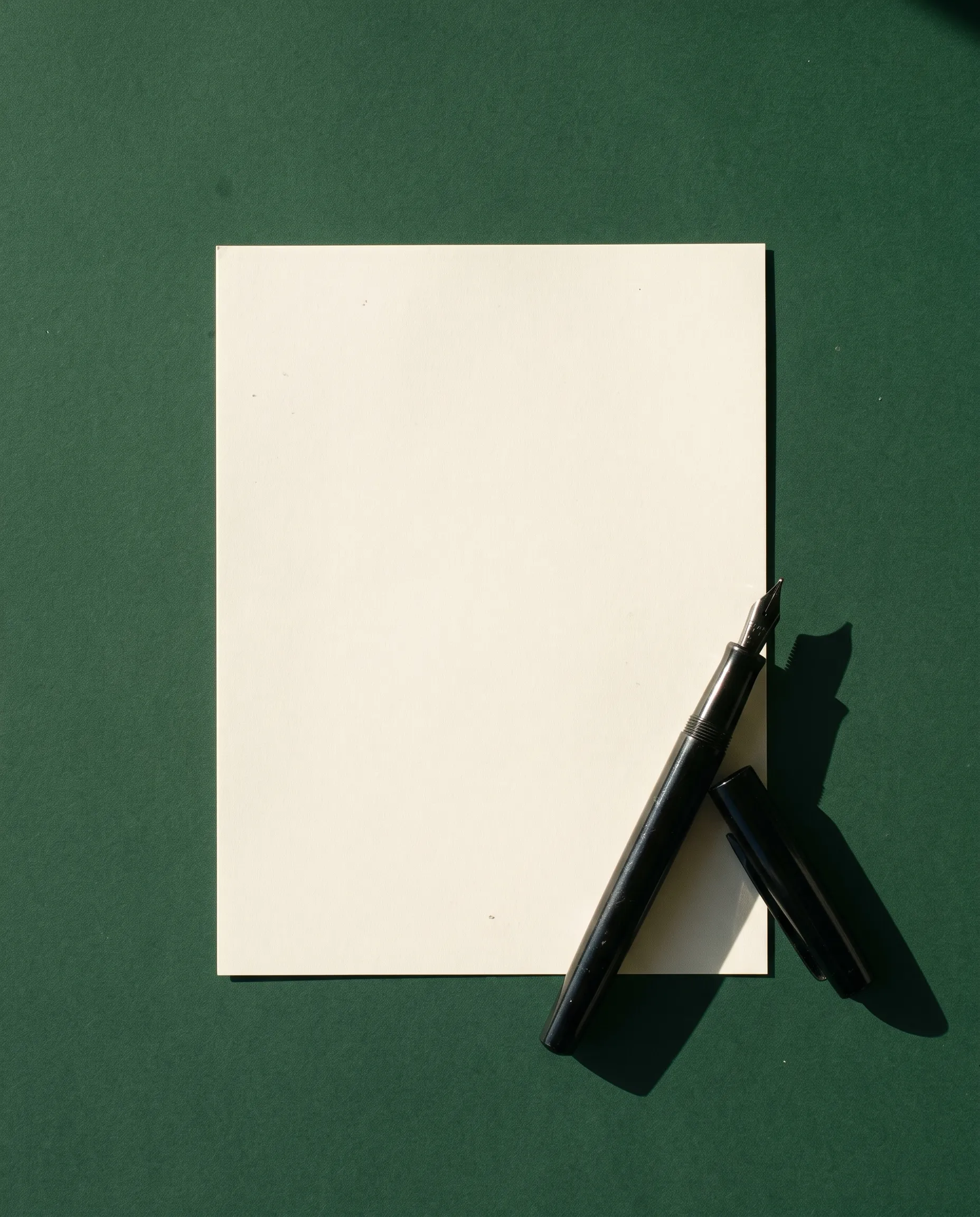A blank sheet of cream paper with a black fountain pen and its cap on a plain forest-green surface in strong sunlight