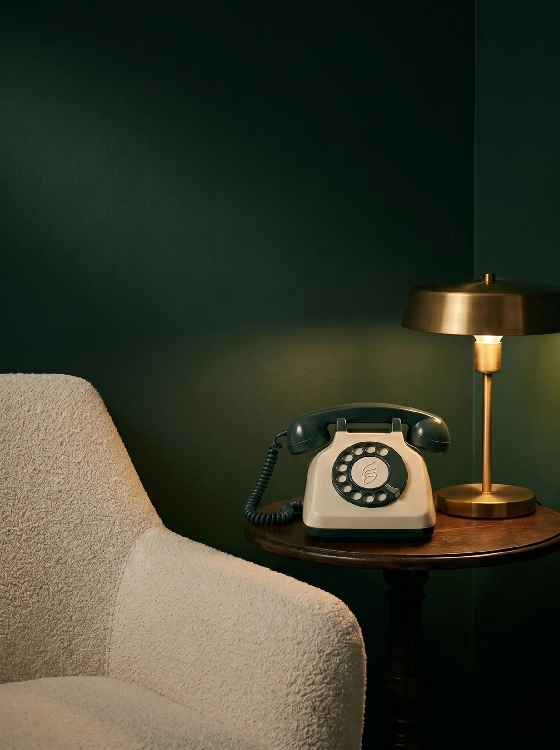 A telephone sits on a small round table beside a brass lamp and a cream armchair in a lamplit green room.