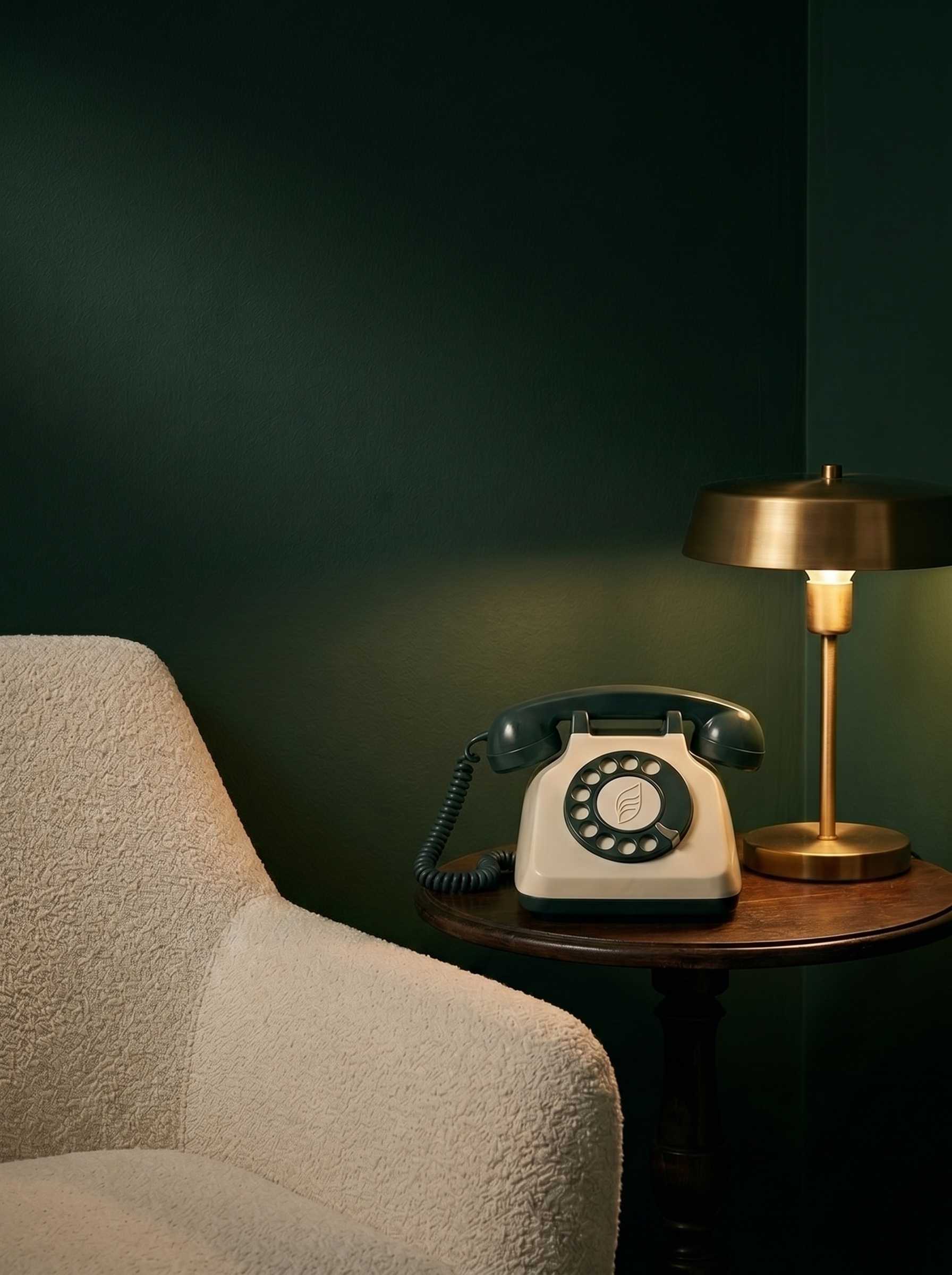 A cream and forest-green telephone on a timber side table, lit by a brass lamp in an evening sitting room