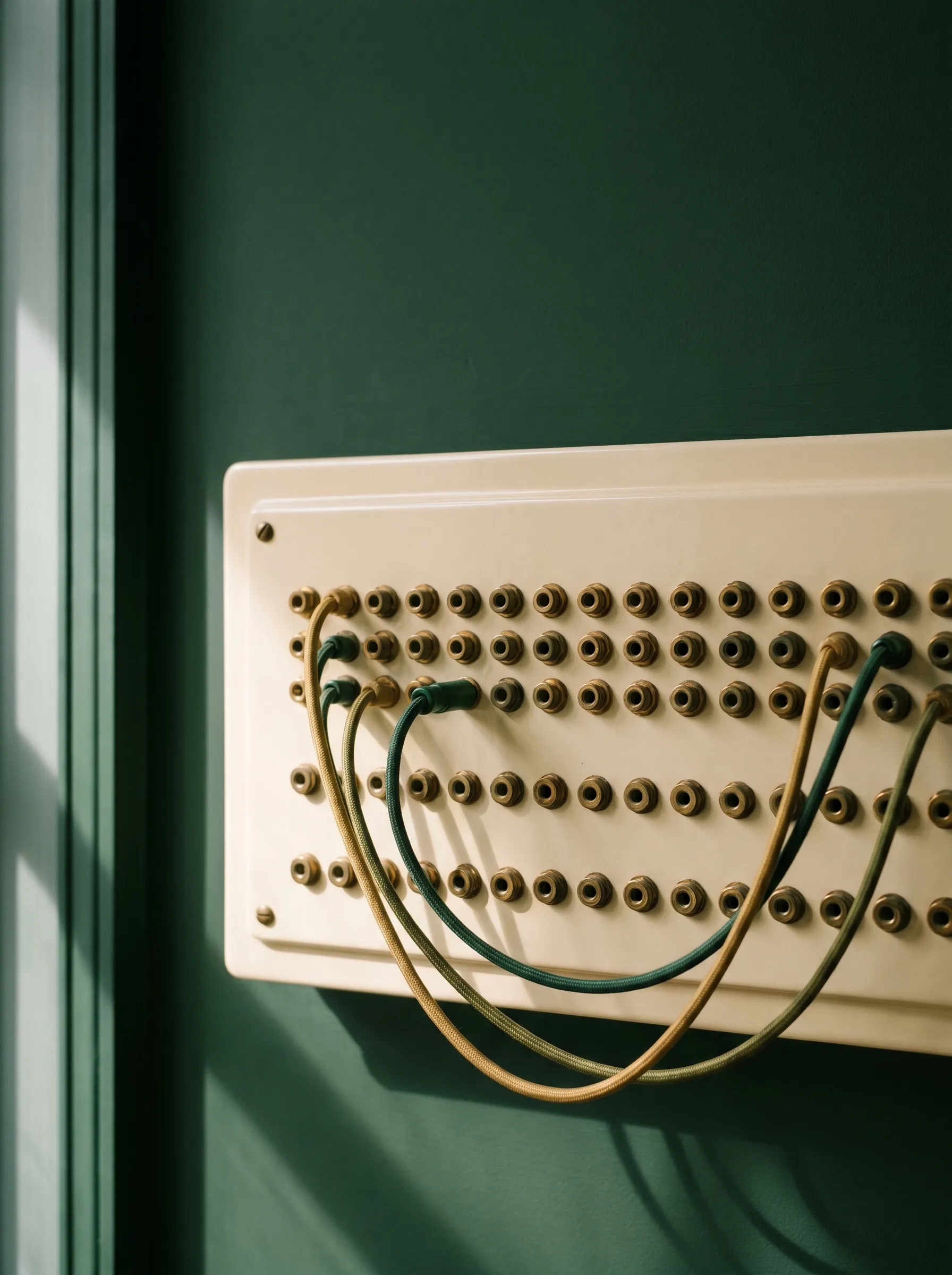 A cream telephone switchboard with brass jacks and two woven cords, mounted on a deep green wall in morning light