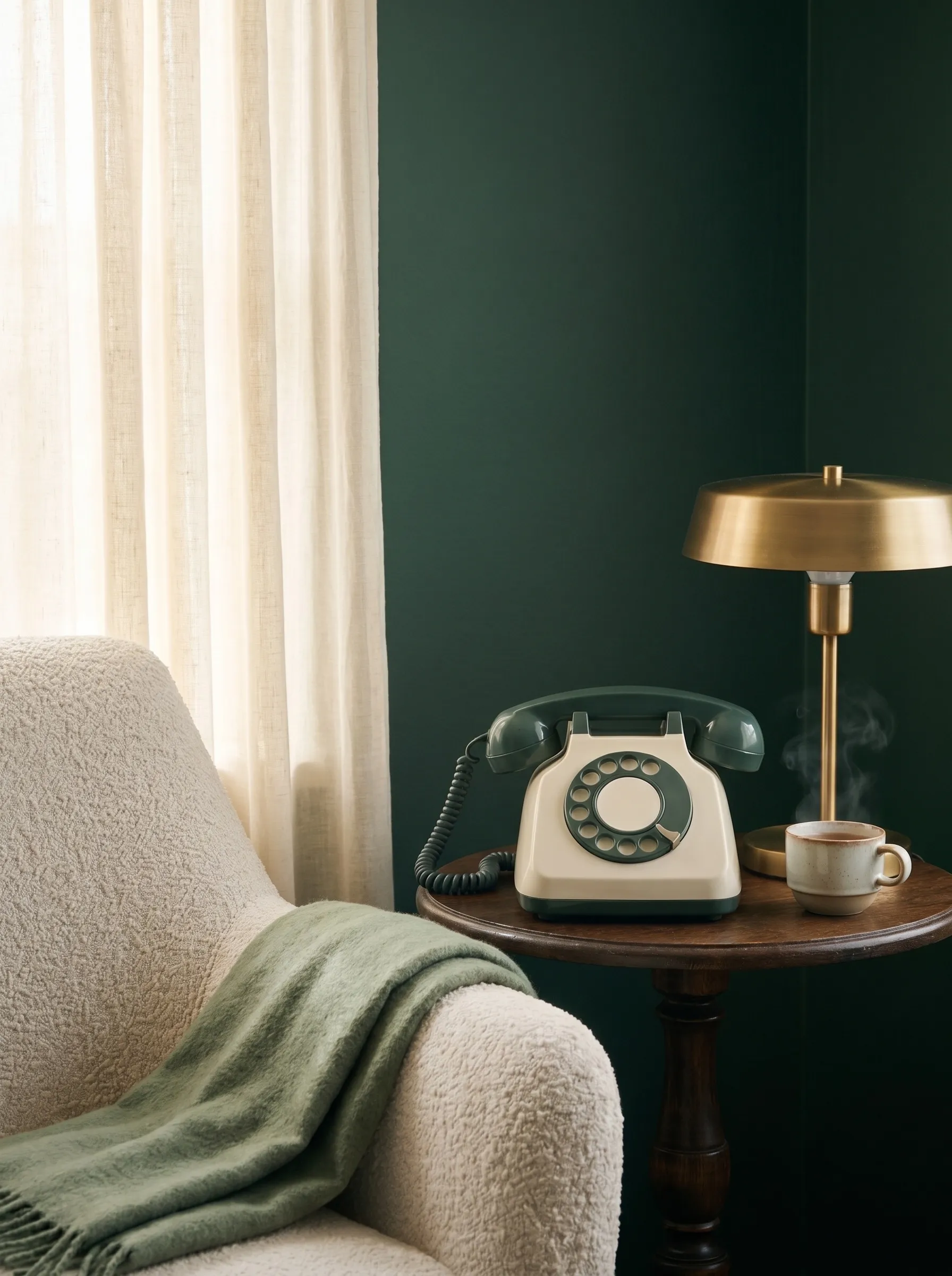 A cream armchair with a sage throw beside a side table holding a telephone, a brass lamp and a steaming cup.