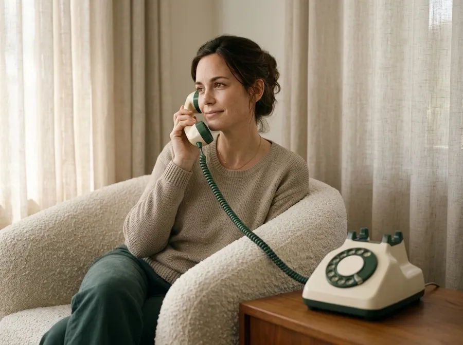 A woman in a beige knitted jumper sitting in a cream boucle armchair, holding a cream and green telephone handset to her ear, with the matching rotary phone on a timber side table