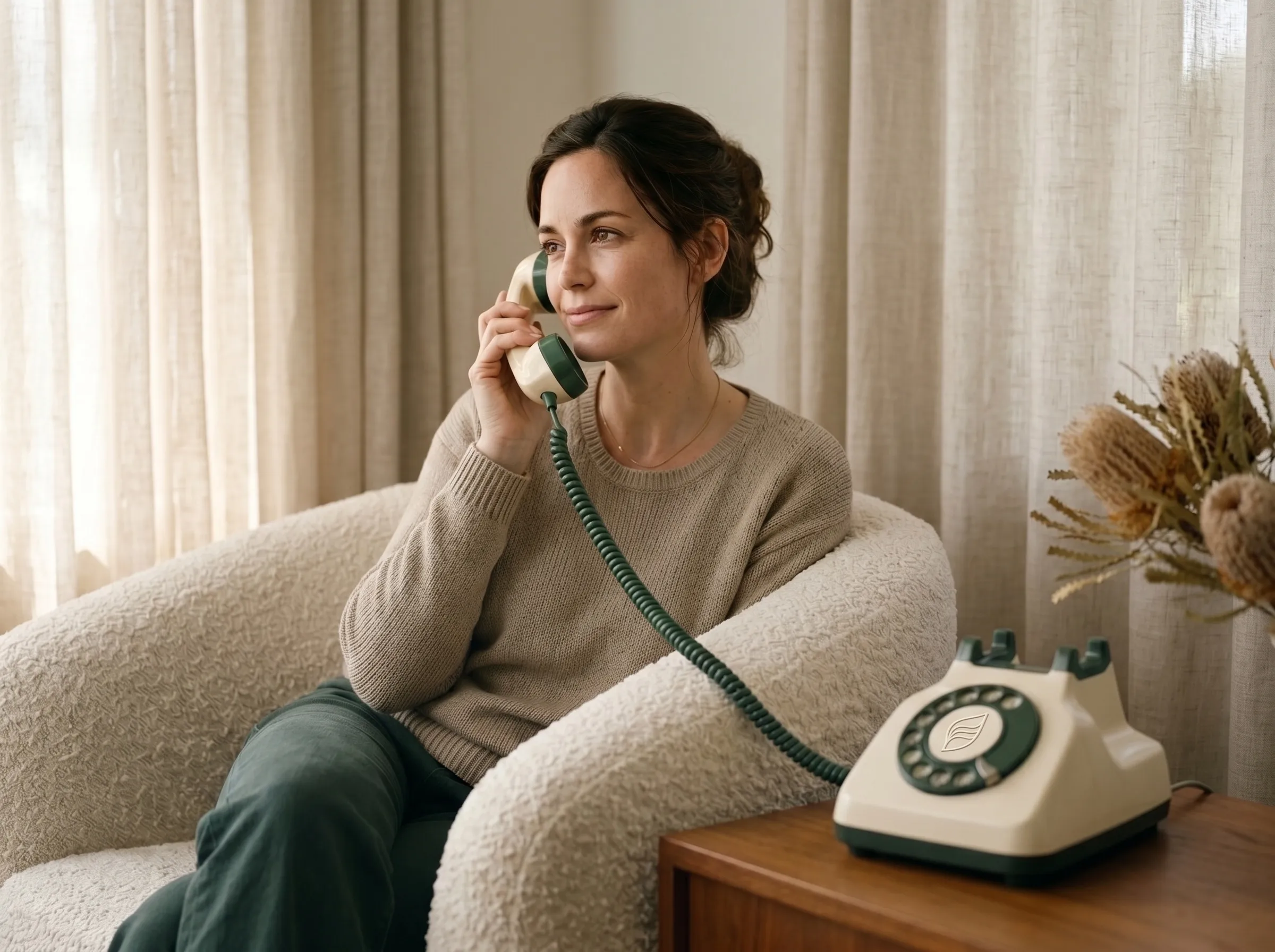 A woman takes a phone call in her sunlit living room.