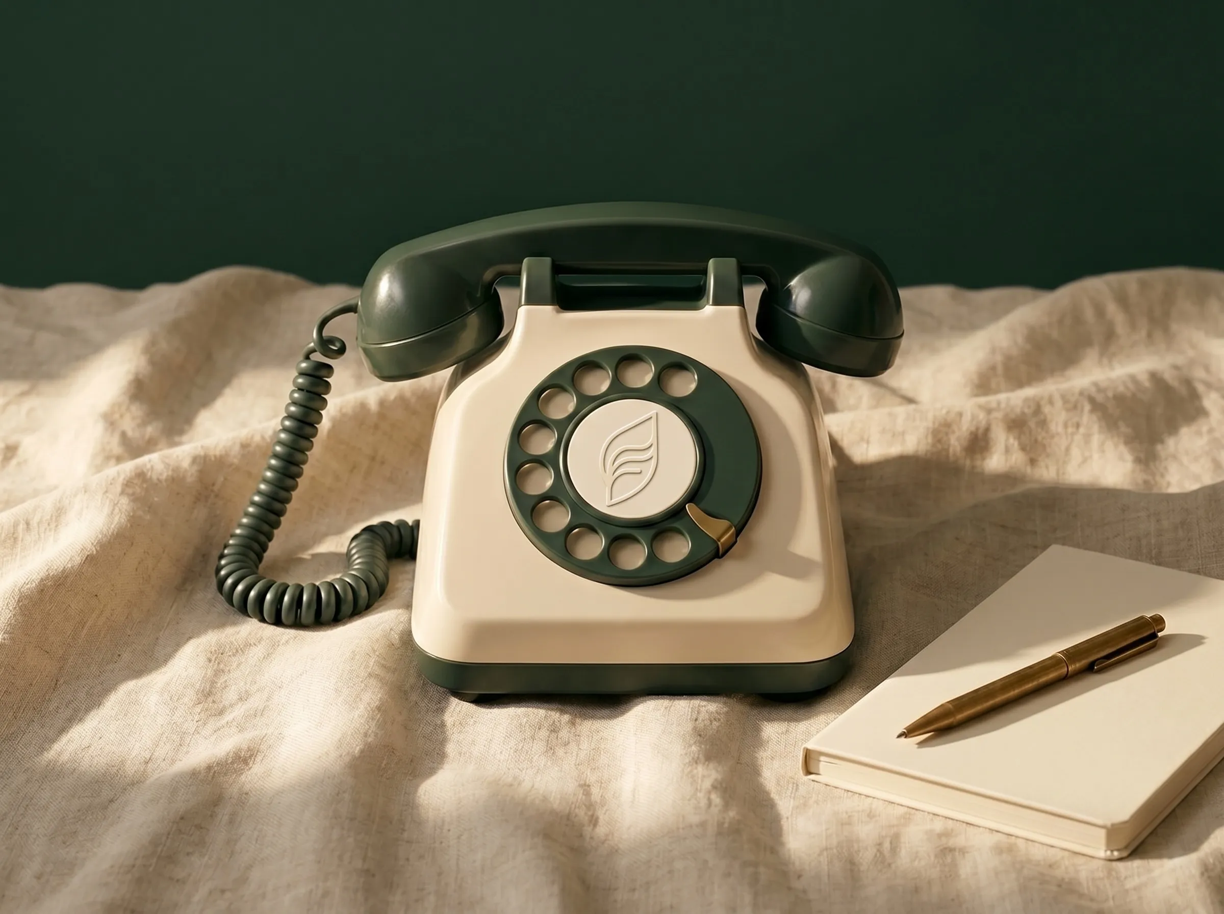 A cream and forest-green telephone resting on linen in warm afternoon light