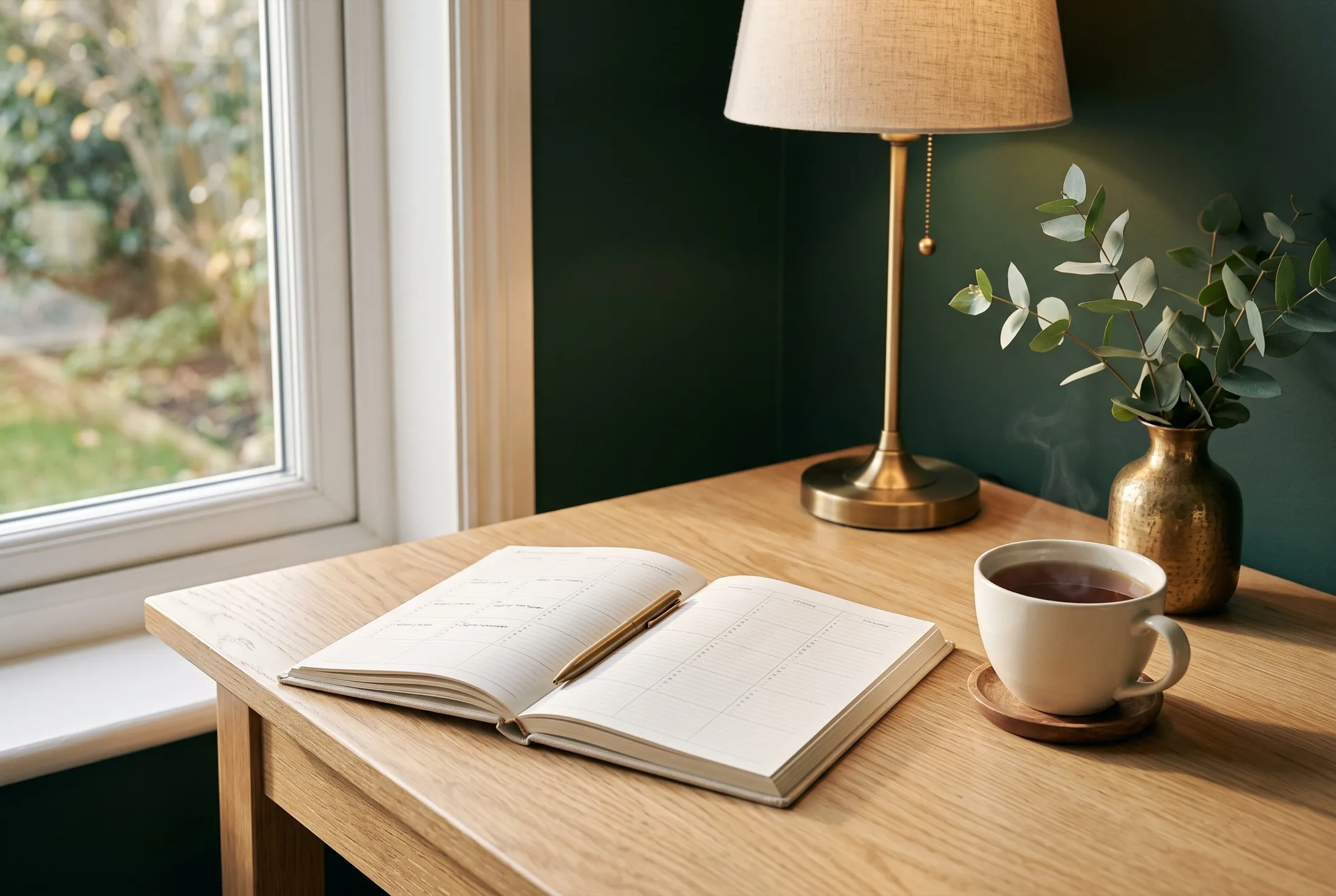An open week-to-view diary with a brass pen resting in the gutter on a light oak desk by a window, beside a cup of tea, a brass lamp and eucalyptus in a vase.