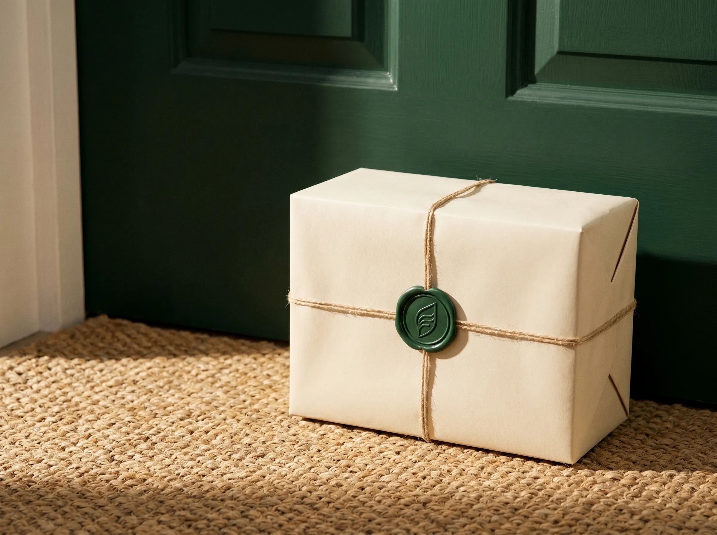 A sealed cream parcel tied with twine, stamped with the LeafLine Clinic wax seal, delivered on a doormat