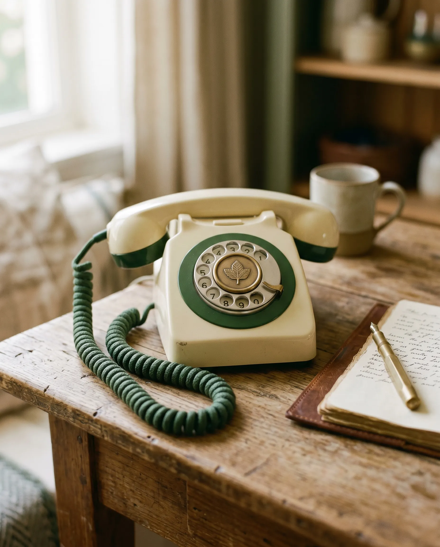 A cream and forest-green rotary telephone with a coiled green cord on a rustic wooden desk, beside a cream mug and an open handwritten notebook with a brass pen, in a softly lit room